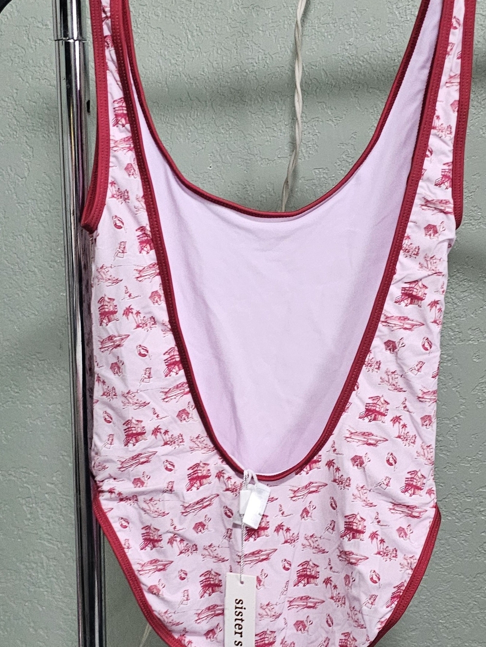 Sister Jane Pink Toile Scoop-Back One-Piece Swimsuit with Dark Pink Trim - Picture 1 of 3